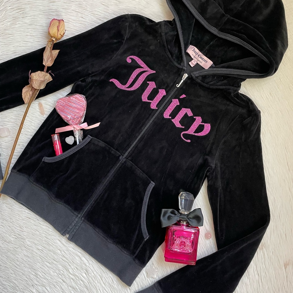Juicy Couture 2012 velour Black full zip Hoodie with Pink glittery Logo - Picture 3 of 15